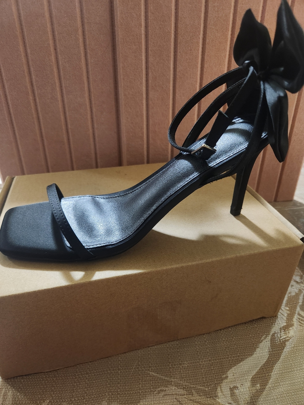 & Other Stories Black Satin Bow Ankle-Strap Stiletto Sandals